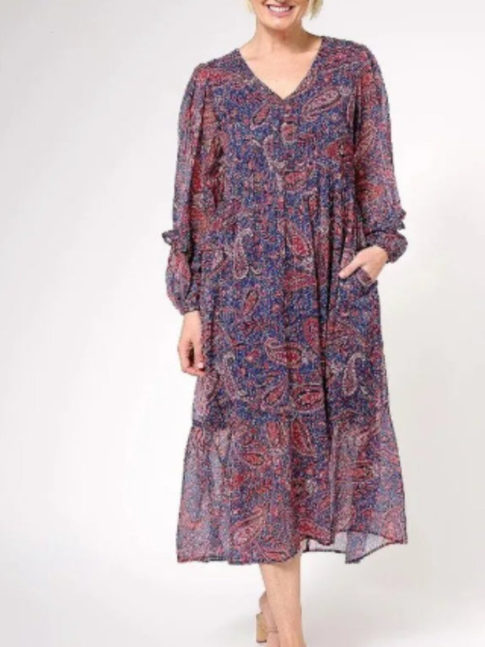 Destination 365 Printed V-Neck LongSleeve Dress- XXS